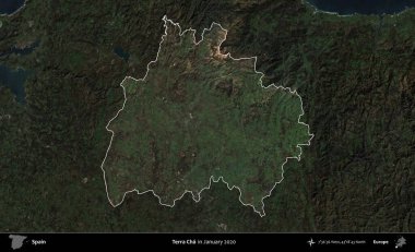 Terra Cha. İspanya 'nın idari alanı, Ocak 2020' de çekilen Global Mozaik Sentinel-2 karolarından oluşan koyu renkli bir uydu görüntüsü üzerinde vurgulandı ve özetlendi.