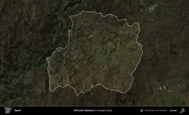 Terra da Celanova. İspanya 'nın idari alanı, Ocak 2020' de çekilen Global Mozaik Sentinel-2 karolarından oluşan koyu renkli bir uydu görüntüsü üzerinde vurgulandı ve özetlendi.