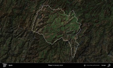 Tineo. İspanya 'nın idari alanı, Ocak 2020' de çekilen Global Mozaik Sentinel-2 karolarından oluşan koyu renkli bir uydu görüntüsü üzerinde vurgulandı ve özetlendi.