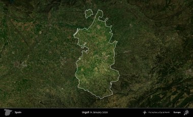 Urgell. İspanya 'nın idari alanı, Ocak 2020' de çekilen Global Mozaik Sentinel-2 karolarından oluşan koyu renkli bir uydu görüntüsü üzerinde vurgulandı ve özetlendi.