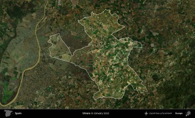 Utrera. İspanya 'nın idari alanı, Ocak 2020' de çekilen Global Mozaik Sentinel-2 karolarından oluşan koyu renkli bir uydu görüntüsü üzerinde vurgulandı ve özetlendi.
