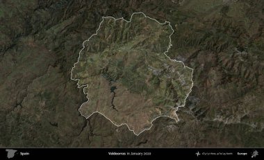Valdeorras. İspanya 'nın idari alanı, Ocak 2020' de çekilen Global Mozaik Sentinel-2 karolarından oluşan koyu renkli bir uydu görüntüsü üzerinde vurgulandı ve özetlendi.