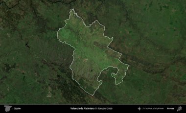 Valencia de Alcantara. İspanya 'nın idari alanı, Ocak 2020' de çekilen Global Mozaik Sentinel-2 karolarından oluşan koyu renkli bir uydu görüntüsü üzerinde vurgulandı ve özetlendi.