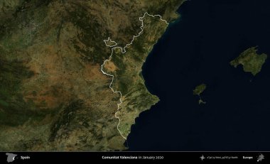 Comunitat Valenciana. İspanya 'nın idari alanı, Ocak 2020' de çekilen Global Mozaik Sentinel-2 karolarından oluşan koyu renkli bir uydu görüntüsü üzerinde vurgulandı ve özetlendi.