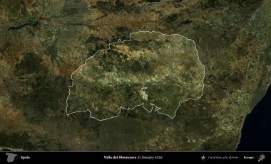 Valle del Almanzora. İspanya 'nın idari alanı, Ocak 2020' de çekilen Global Mozaik Sentinel-2 karolarından oluşan koyu renkli bir uydu görüntüsü üzerinde vurgulandı ve özetlendi.