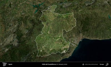 Valle del Guadalhorce. İspanya 'nın idari alanı, Ocak 2020' de çekilen Global Mozaik Sentinel-2 karolarından oluşan koyu renkli bir uydu görüntüsü üzerinde vurgulandı ve özetlendi.