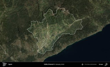 Valles Oriental. İspanya 'nın idari alanı, Ocak 2020' de çekilen Global Mozaik Sentinel-2 karolarından oluşan koyu renkli bir uydu görüntüsü üzerinde vurgulandı ve özetlendi.