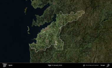 Vigo. İspanya 'nın idari alanı, Ocak 2020' de çekilen Global Mozaik Sentinel-2 karolarından oluşan koyu renkli bir uydu görüntüsü üzerinde vurgulandı ve özetlendi.
