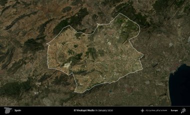 El Vinalopo Medio. İspanya 'nın idari alanı, Ocak 2020' de çekilen Global Mozaik Sentinel-2 karolarından oluşan koyu renkli bir uydu görüntüsü üzerinde vurgulandı ve özetlendi.