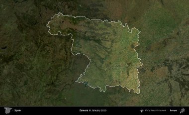 Zamora. İspanya 'nın idari alanı, Ocak 2020' de çekilen Global Mozaik Sentinel-2 karolarından oluşan koyu renkli bir uydu görüntüsü üzerinde vurgulandı ve özetlendi.