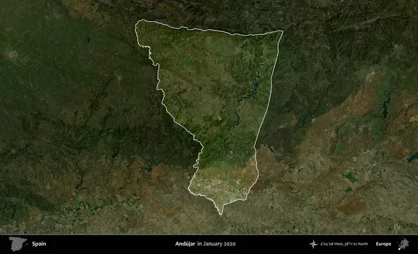 Andujar. İspanya 'nın idari alanı, Ocak 2020' de çekilen Global Mozaik Sentinel-2 karolarından oluşan koyu renkli bir uydu görüntüsü üzerinde vurgulandı ve özetlendi.