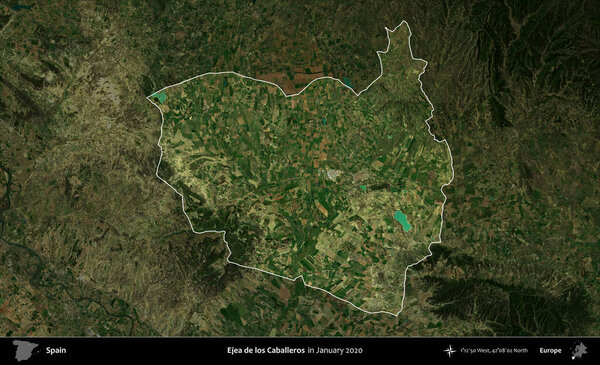 Ejea de los Caballeros. Административный район Испании выделен и обрисован на затемненном спутниковом изображении, состоящем из плитки Global Mosaic Sentinel-2, сделанной в январе 2020 года