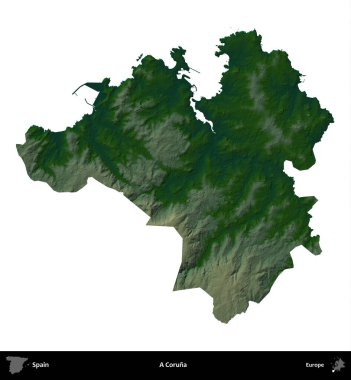 Bir Coruna. İspanya 'nın idari bölgesi renkli bir yükseklik haritasında beyaza izole edilmiş