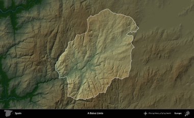 Bir Baixa Limia. İspanya 'nın idari alanı koyu renkli bir yükseklik haritasına vurgulanmış ve özetlenmiştir