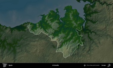 Bir Coruna. İspanya 'nın idari alanı koyu renkli bir yükseklik haritasına vurgulanmış ve özetlenmiştir