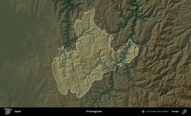 Fonsagrada. İspanya 'nın idari alanı koyu renkli bir yükseklik haritasına vurgulanmış ve özetlenmiştir