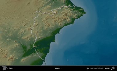 Alacant. İspanya 'nın idari bölgesi renkli bir yükseklik haritasında özetlenmiştir