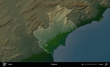 Alacanti. İspanya 'nın idari alanı koyu renkli bir yükseklik haritasına vurgulanmış ve özetlenmiştir