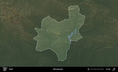 Alburquerque 'de. İspanya 'nın idari alanı koyu renkli bir yükseklik haritasına vurgulanmış ve özetlenmiştir