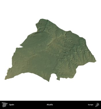 Alcaniz. İspanya 'nın idari bölgesi renkli bir yükseklik haritasında beyaza izole edilmiş