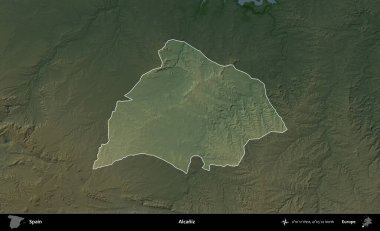 Alcaniz. İspanya 'nın idari alanı koyu renkli bir yükseklik haritasına vurgulanmış ve özetlenmiştir