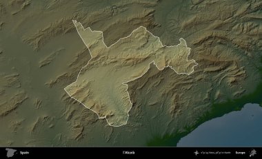 Alcoia 'da. İspanya 'nın idari alanı koyu renkli bir yükseklik haritasına vurgulanmış ve özetlenmiştir