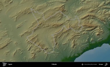 Alcoia 'da. İspanya 'nın idari bölgesi renkli bir yükseklik haritasında özetlenmiştir