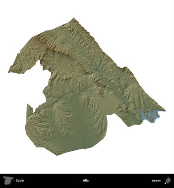 Alia. İspanya 'nın idari bölgesi renkli bir yükseklik haritasında beyaza izole edilmiş
