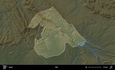 Alia. İspanya 'nın idari alanı koyu renkli bir yükseklik haritasına vurgulanmış ve özetlenmiştir