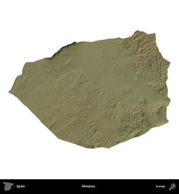 Almansa. İspanya 'nın idari bölgesi renkli bir yükseklik haritasında beyaza izole edilmiş