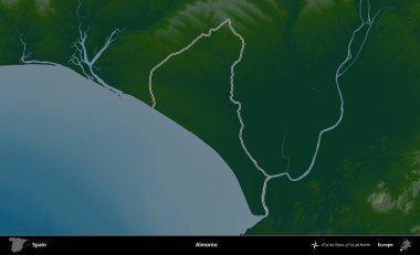 Almonte. İspanya 'nın idari bölgesi renkli bir yükseklik haritasında özetlenmiştir