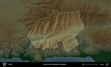 Comarca de la Alpujarra Granadina. İspanya 'nın idari alanı koyu renkli bir yükseklik haritasına vurgulanmış ve özetlenmiştir
