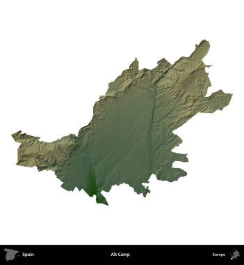 Alt Kamp. İspanya 'nın idari bölgesi renkli bir yükseklik haritasında beyaza izole edilmiş