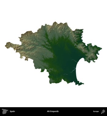 Alt Emporda. İspanya 'nın idari bölgesi renkli bir yükseklik haritasında beyaza izole edilmiş