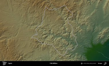 I 'Alt Millars. İspanya 'nın idari bölgesi renkli bir yükseklik haritasında özetlenmiştir