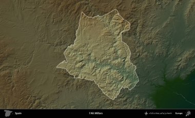 I 'Alt Millars. İspanya 'nın idari alanı koyu renkli bir yükseklik haritasına vurgulanmış ve özetlenmiştir