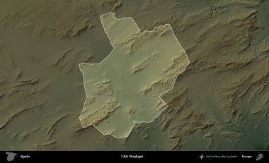 l'Alt Vinalopo. İspanya 'nın idari alanı koyu renkli bir yükseklik haritasına vurgulanmış ve özetlenmiştir