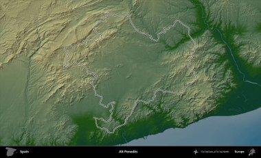 Alt Penedes. İspanya 'nın idari bölgesi renkli bir yükseklik haritasında özetlenmiştir