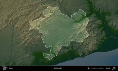Alt Penedes. İspanya 'nın idari alanı koyu renkli bir yükseklik haritasına vurgulanmış ve özetlenmiştir