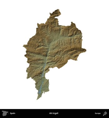 Alt Urgell. İspanya 'nın idari bölgesi renkli bir yükseklik haritasında beyaza izole edilmiş