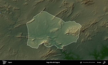 Vega Alta del Segura. İspanya 'nın idari alanı koyu renkli bir yükseklik haritasına vurgulanmış ve özetlenmiştir