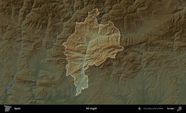 Alt Urgell. İspanya 'nın idari alanı koyu renkli bir yükseklik haritasına vurgulanmış ve özetlenmiştir