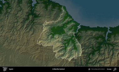Marina Central 'da. İspanya 'nın idari alanı koyu renkli bir yükseklik haritasına vurgulanmış ve özetlenmiştir