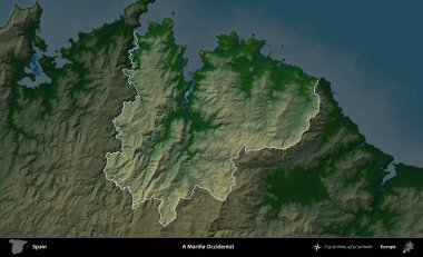 Bir Marina Occidental. İspanya 'nın idari alanı koyu renkli bir yükseklik haritasına vurgulanmış ve özetlenmiştir