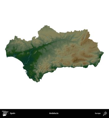 Endülüs. İspanya 'nın idari bölgesi renkli bir yükseklik haritasında beyaza izole edilmiş