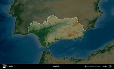 Endülüs. İspanya 'nın idari alanı koyu renkli bir yükseklik haritasına vurgulanmış ve özetlenmiştir