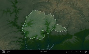 El Andevalo. İspanya 'nın idari alanı koyu renkli bir yükseklik haritasına vurgulanmış ve özetlenmiştir