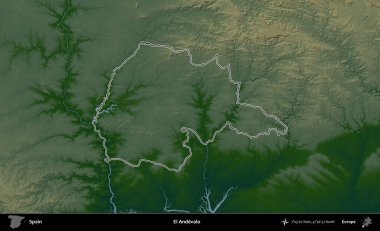 El Andevalo. İspanya 'nın idari bölgesi renkli bir yükseklik haritasında özetlenmiştir