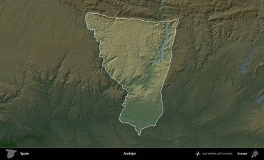 Andujar. İspanya 'nın idari alanı koyu renkli bir yükseklik haritasına vurgulanmış ve özetlenmiştir