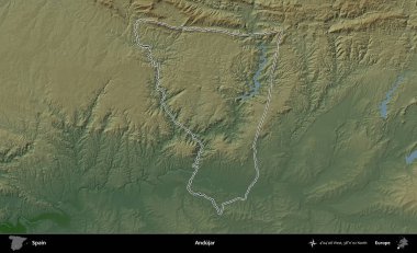Andujar. İspanya 'nın idari bölgesi renkli bir yükseklik haritasında özetlenmiştir